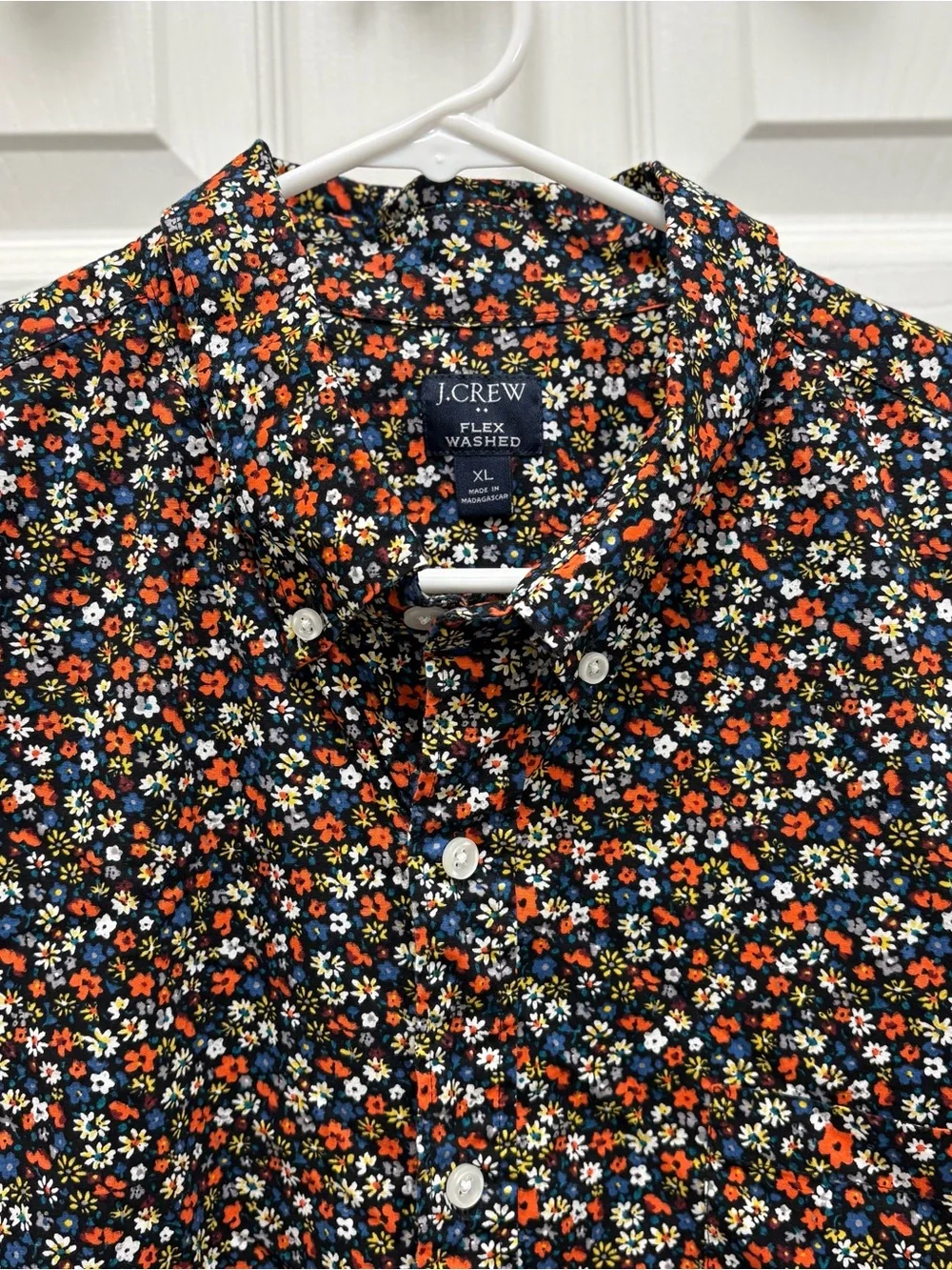 J. Crew Navy Floral Short Sleeve Button-Down Shirt with Red & White Accents